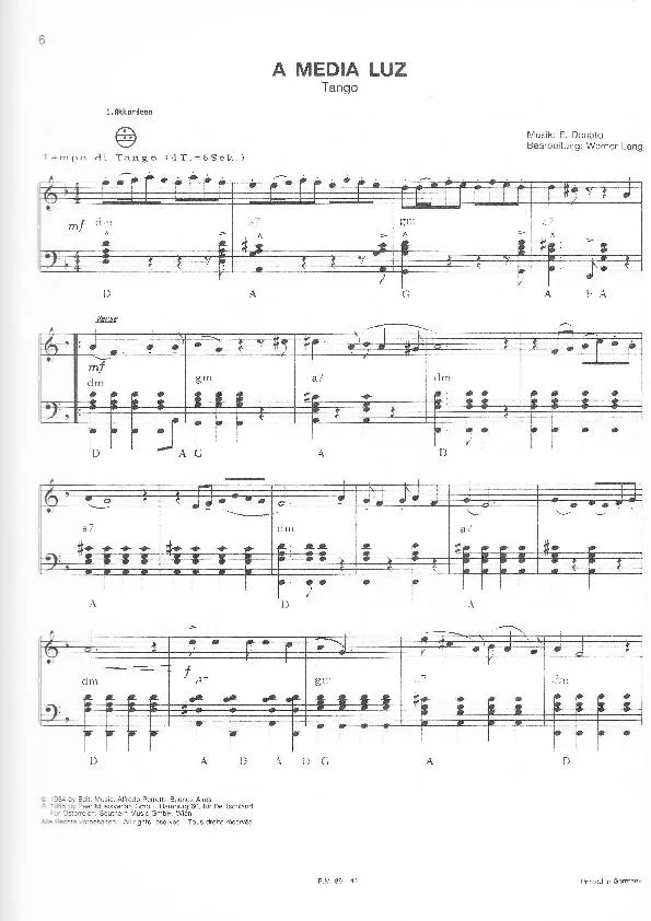 télécharger la partition d'accordéon A Media Luz (Arrangement pour accordéon de Werner Lang) (Tango) au format PDF