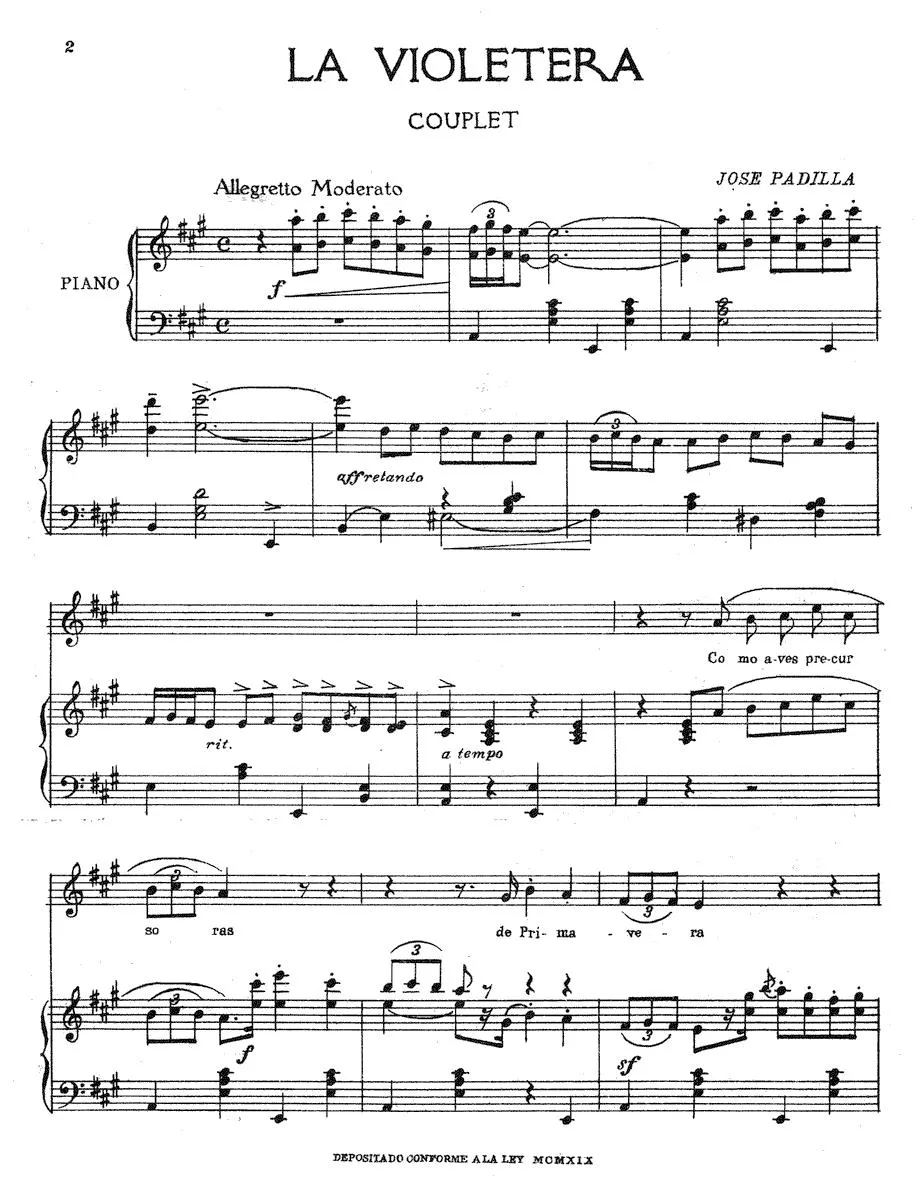 télécharger la partition d'accordéon La Violetera (Couplet) (Tango) (Piano)  au format PDF