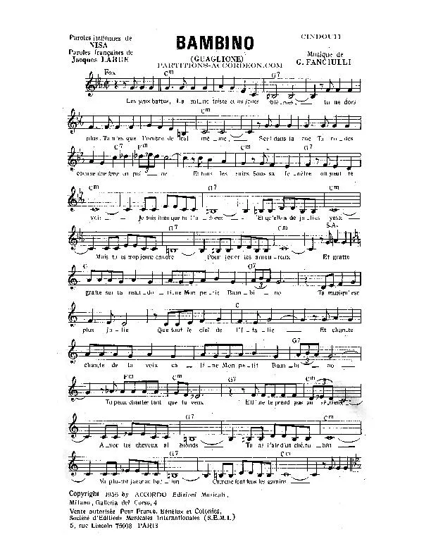 télécharger la partition d'accordéon Bambino (Guaglione) (Chant : Dalida) (Fox) au format PDF