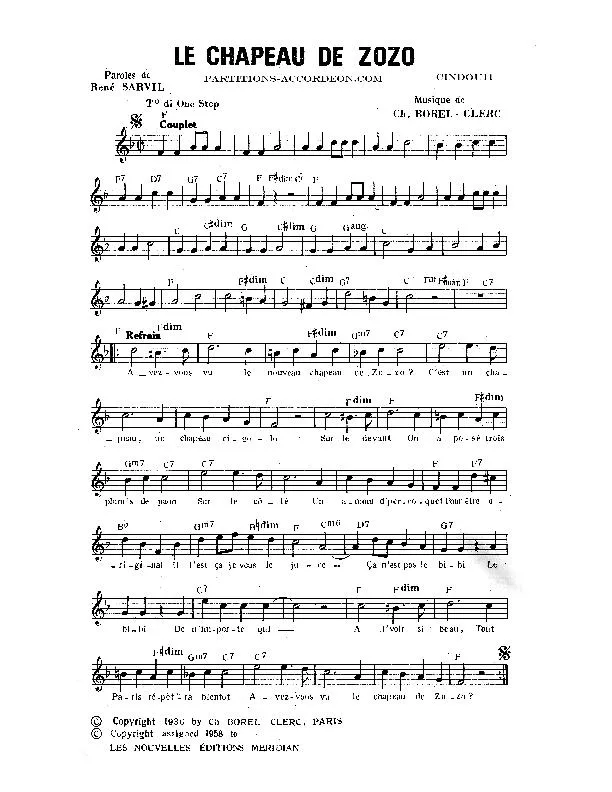 télécharger la partition d'accordéon Le chapeau de Zozo (Chant : Maurice Chevalier) (One Step) au format PDF