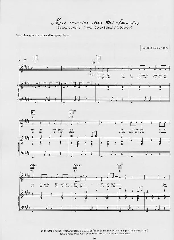 télécharger la partition d'accordéon Mes mains sur tes hanches (Arrangement : Oscar Saintal & Joseph Deboeck) (Pop) au format PDF