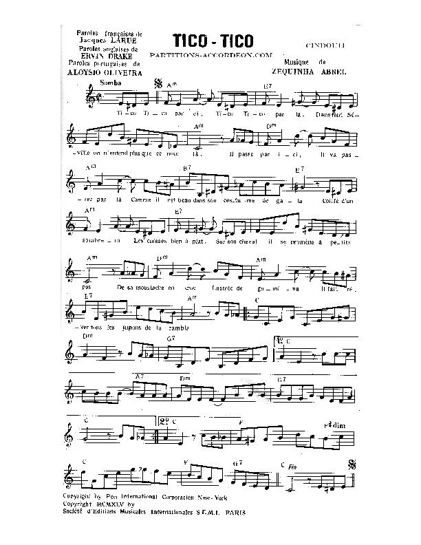 télécharger la partition d'accordéon Tico Tico (Samba) au format PDF