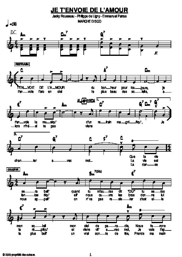 télécharger la partition d'accordéon Je t'envoie de l'amour (Marche Disco Chantée) au format PDF