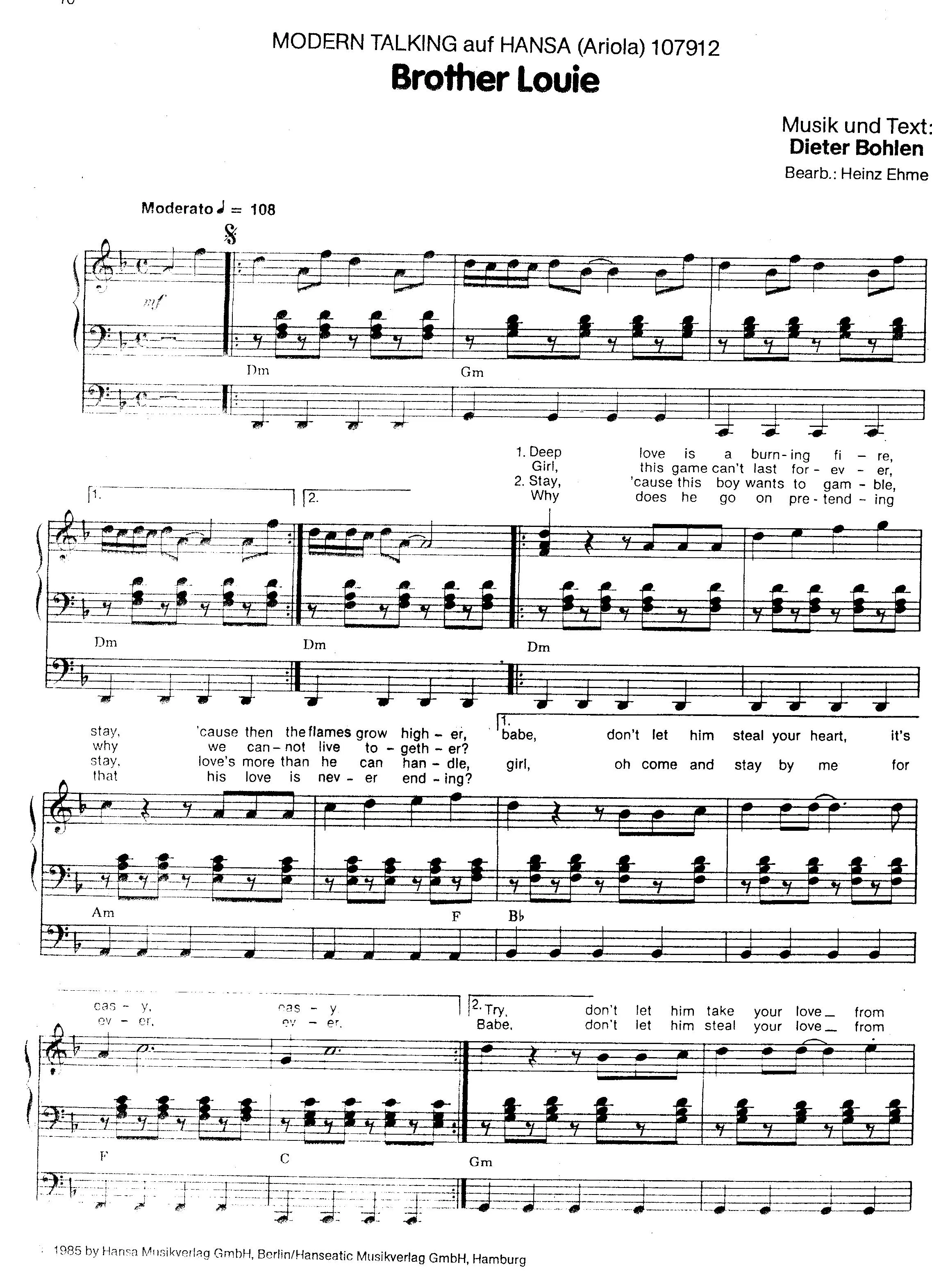 télécharger la partition d'accordéon Brother Louie (Chant : Modern Talking) (Arrangement : Heinz Ehme) au format PDF
