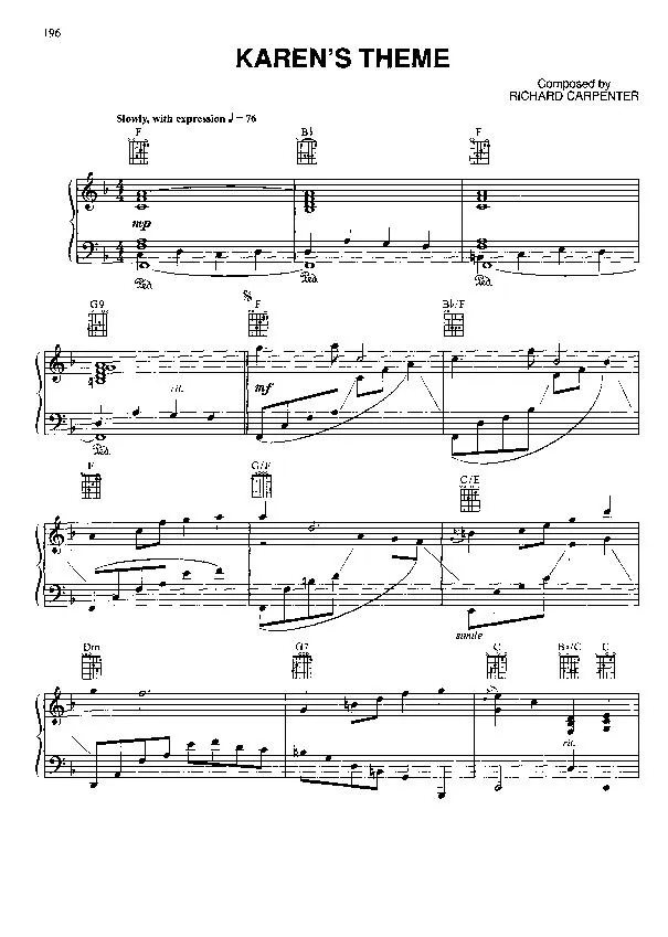 télécharger la partition d'accordéon Karen's Theme (Slow) (Piano) au format PDF