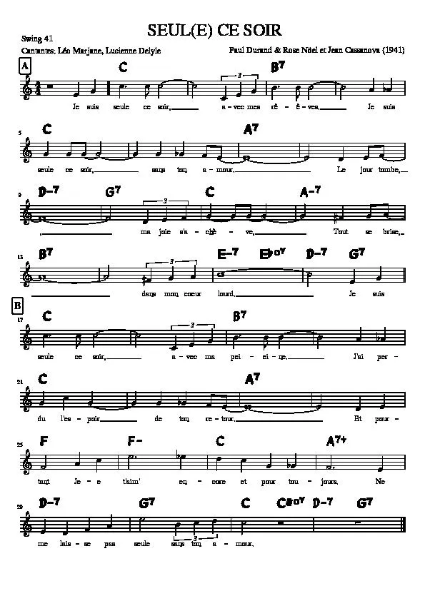 télécharger la partition d'accordéon Seul ce soir (Chant : Léo Marjane / Lucienne Delyle) (Swing) au format PDF