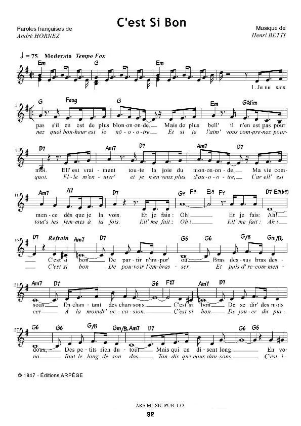 télécharger la partition d'accordéon C'est si bon (Chant : Yves Montand / Luis Armstrong) au format PDF