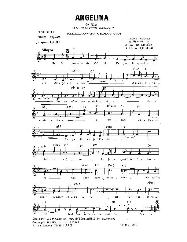 télécharger la partition d'accordéon Angelina (Du Film : Le chanteur inconnu) (Chant : Tino Rossi) au format PDF