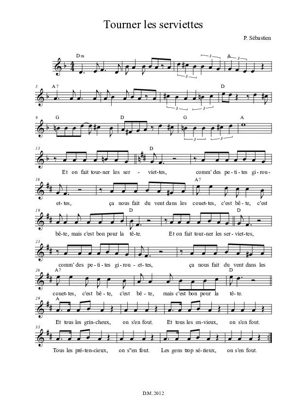 télécharger la partition d'accordéon Tourner les serviettes (Chant : Patrick Sébastien) (Pop) au format PDF