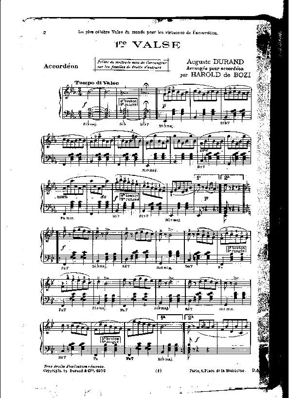 télécharger la partition d'accordéon 1re Valse (Arrangement Accordéon : Harold de Bozi) au format PDF