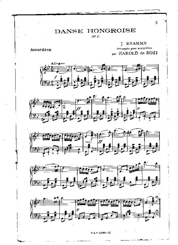 télécharger la partition d'accordéon Danse Hongroise n°5 (Arrangement Accordéon : Harold de Bozi) au format PDF