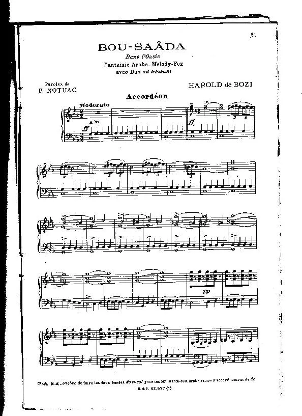 télécharger la partition d'accordéon Bou-Saâda (Dans l'Oasis - Fantaisie Arabe – Melody Fox) au format PDF