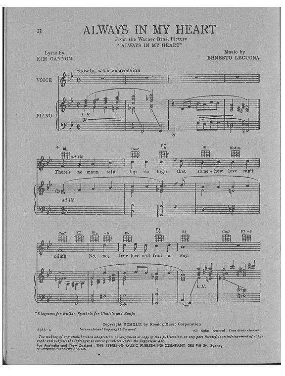 télécharger la partition d'accordéon Always in my heart (Siempre en mi corazon) (Chant : Dean Martin) (Slow Rumba) au format PDF