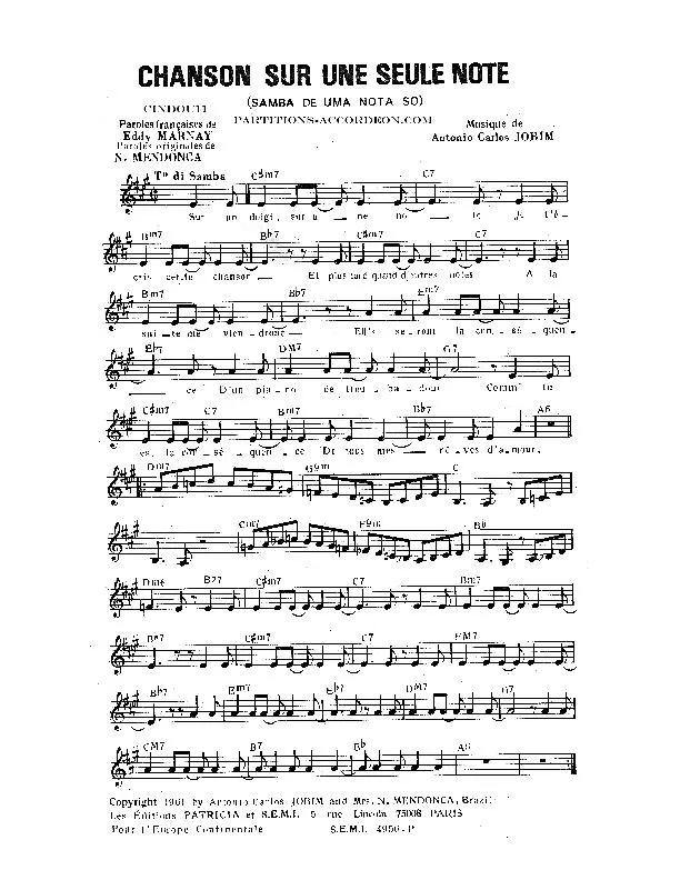 télécharger la partition d'accordéon Chanson sur une seule note (Samba de uma nota so) au format PDF