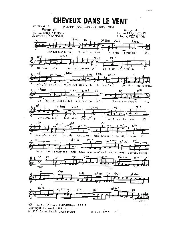 télécharger la partition d'accordéon Cheveux dans le vent (Chant : Jacques Pills / Jean Patart) au format PDF