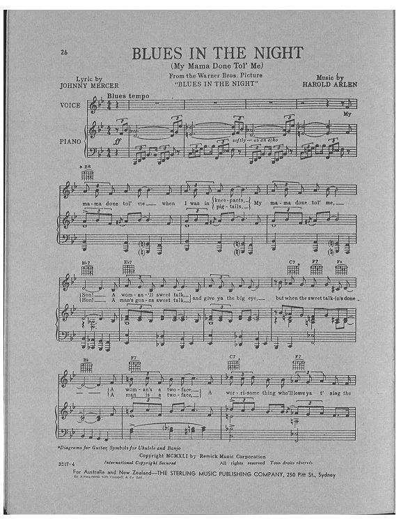 télécharger la partition d'accordéon Blues in the night (My Mama done tol' me) (Interprètes : Rosemary Clooney / Ella Fitzgerald / Cab Calloway) (Slow Blues) au format PDF