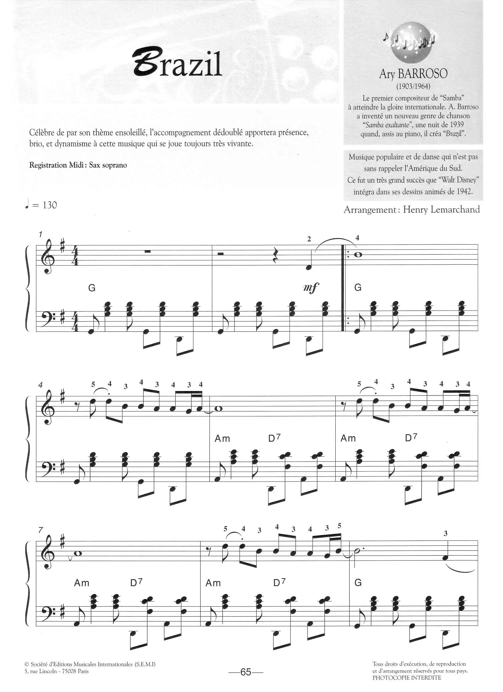 télécharger la partition d'accordéon Brazil (Arrangement : Henry Lemarchand) (Samba) au format PDF