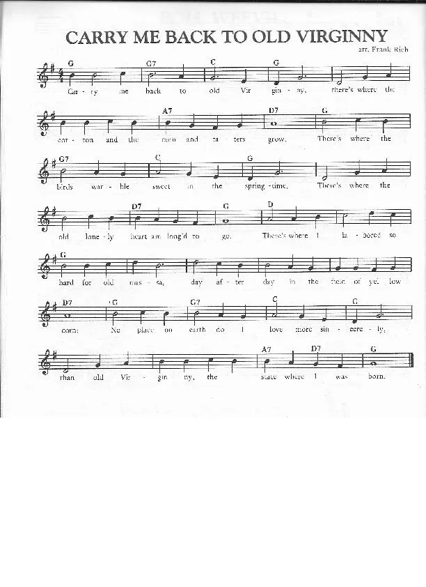 télécharger la partition d'accordéon Carry me back to Old Virginny (Arrangement : Frank Rich) (Chant : Louis Armstrong) (Jazz Fox-Trot) au format PDF