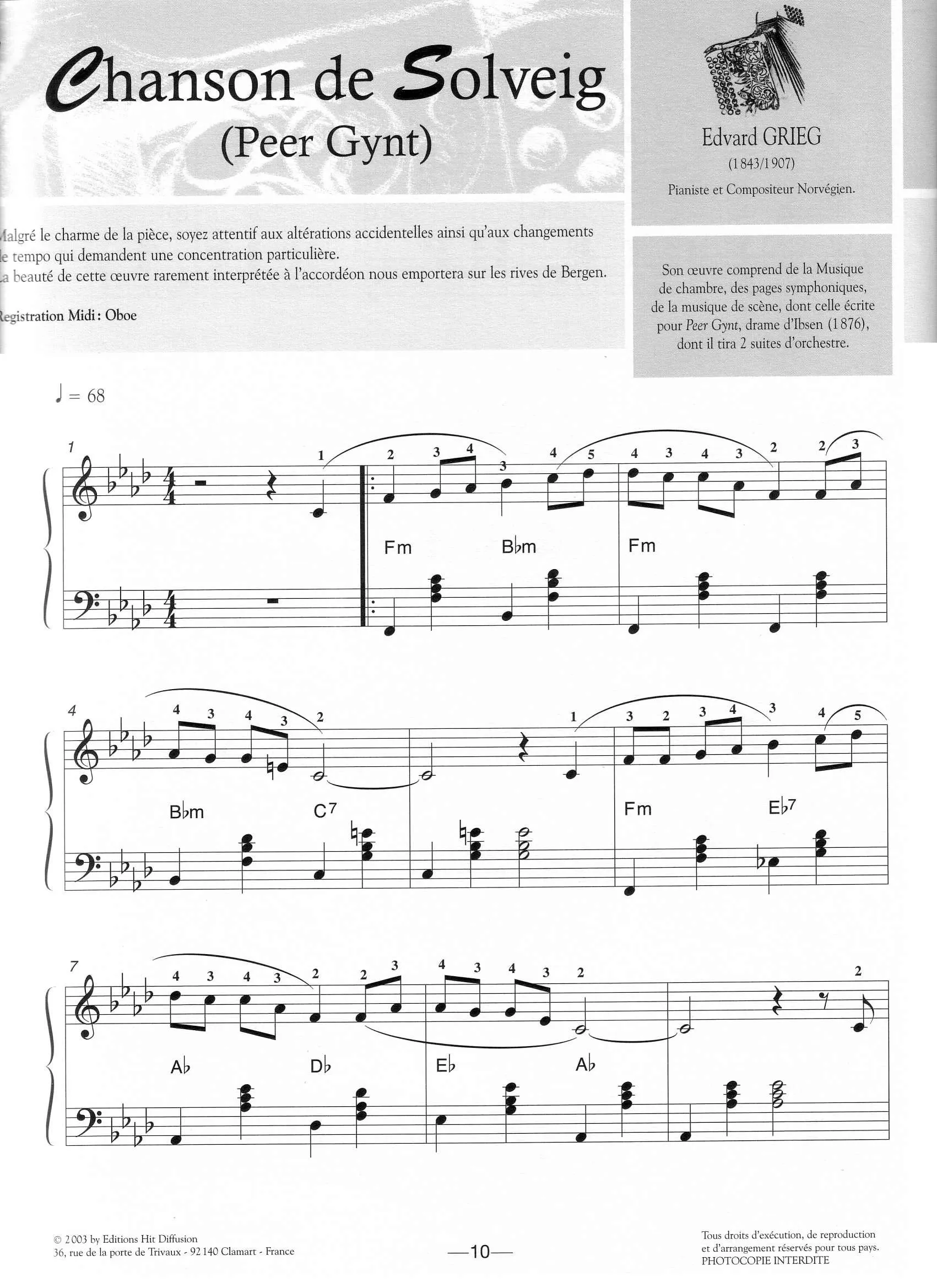 télécharger la partition d'accordéon Chanson de Solveig (Du Film : Peer Gynt) (Slow) au format PDF