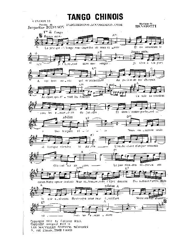 télécharger la partition d'accordéon Tango Chinois (Chant : Yana Gani / Marcel Feijoo / Orchestra Bachicha / Pipo Racho) au format PDF