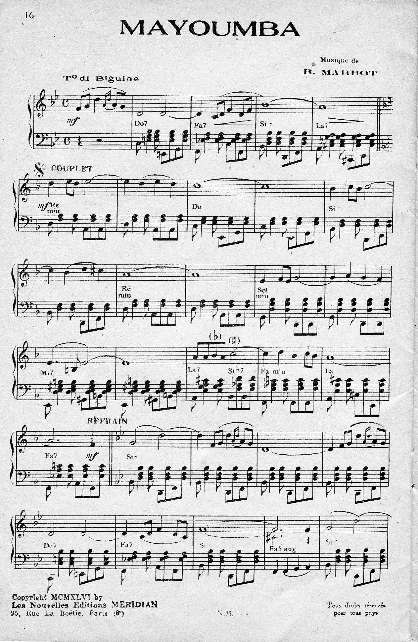 télécharger la partition d'accordéon Mayoumba (Chant : Luis Mariano) (Arrangement pour accordéon) (Biguine) au format PDF