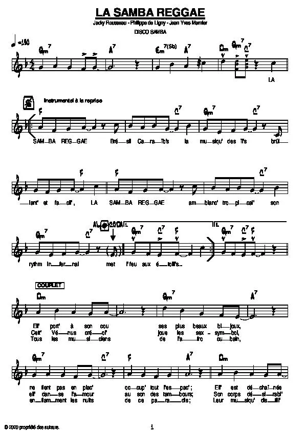 télécharger la partition d'accordéon La samba reggae (Samba Disco) au format PDF