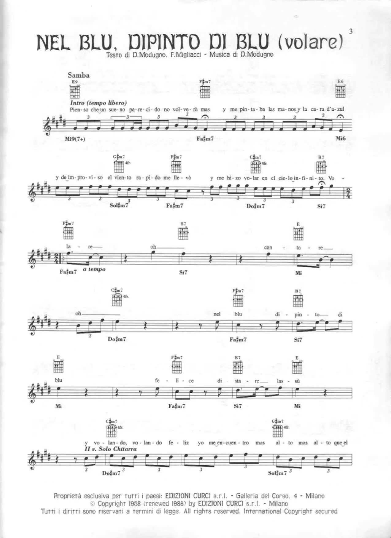 télécharger la partition d'accordéon Nel blu, dipinto di blu (Volare) (Chant : Gipsy Kings) (Samba) au format PDF