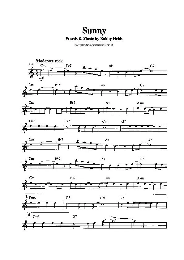 télécharger la partition d'accordéon Sunny (Chant : Boney M) (Rock) au format PDF