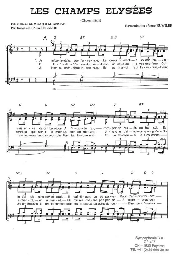 télécharger la partition d'accordéon Les Champs Elysées (Chœur mixte) (Arrangement : Pierre Huwiler) (SATB) au format PDF