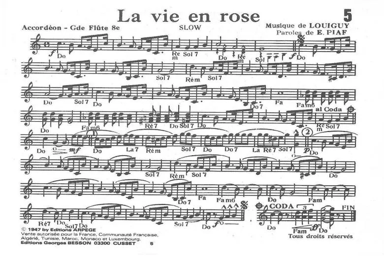 télécharger la partition d'accordéon La vie en rose (Arrangement pour accordéon) (Slow)  au format PDF