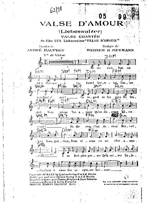 télécharger la partition d'accordéon Valse d'amour (Liebeswalzer) (Du Film : UFA Liebeswalzer) (Valse Chantée) au format PDF