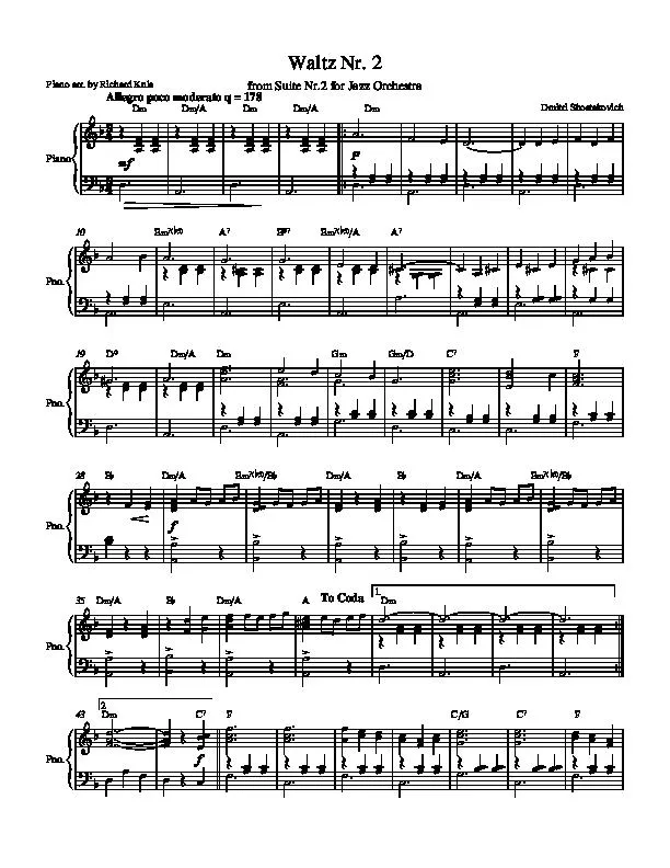 télécharger la partition d'accordéon Waltz n°2 / from suite n°2 Jazz Orchestra (Arrangement : Richard Kula) (Piano) au format PDF