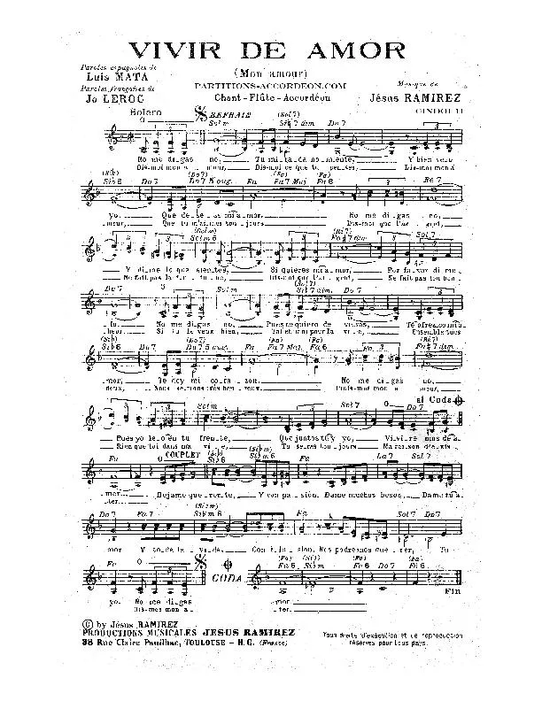 télécharger la partition d'accordéon Vivir de amor (Mon amour) (Boléro) au format PDF