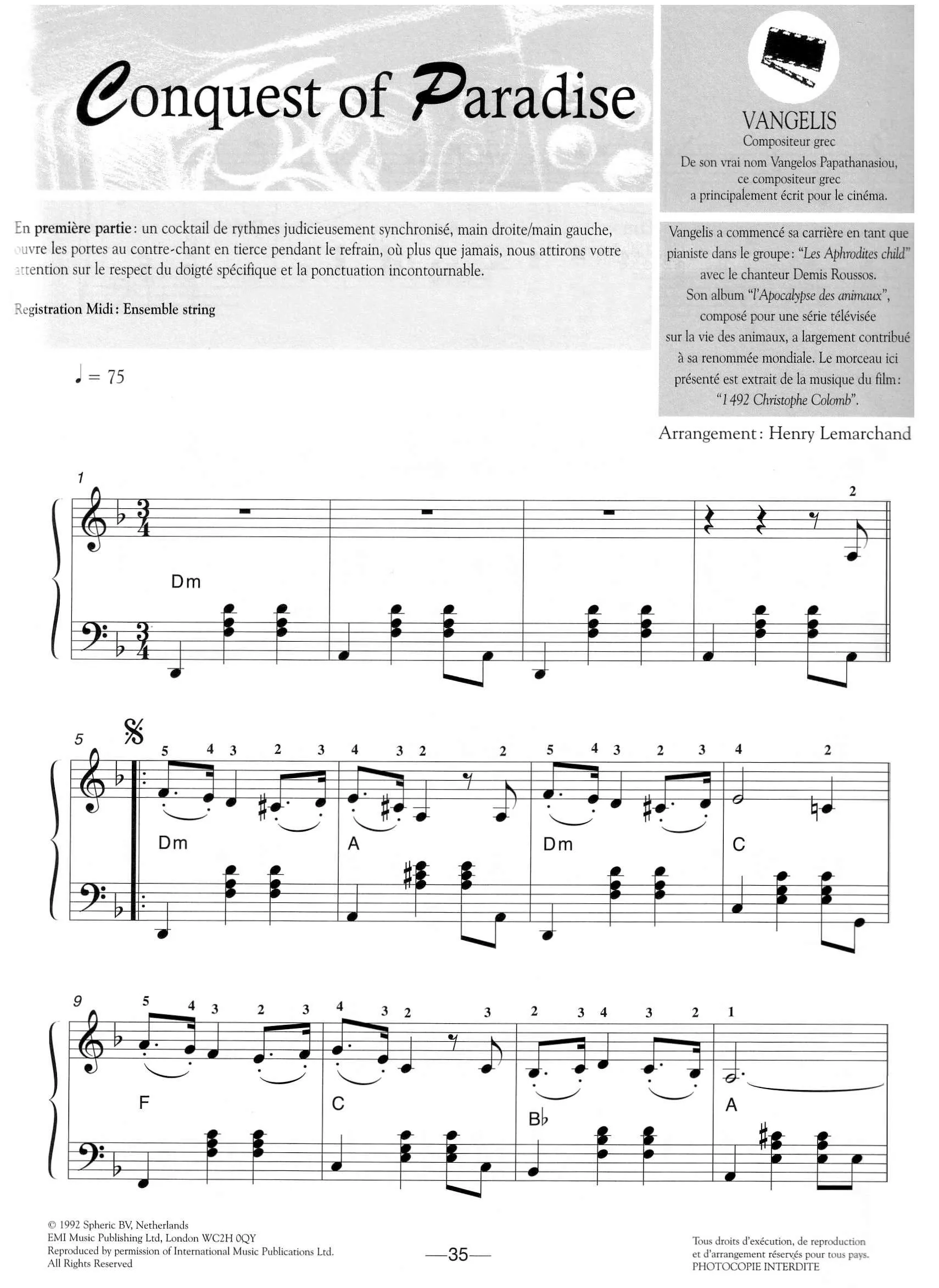 télécharger la partition d'accordéon Conquest of Paradise (Du Film : 1492 Christophe Colomb) (Arrangement : Henry Lemarchand) (Valse Lente) au format PDF