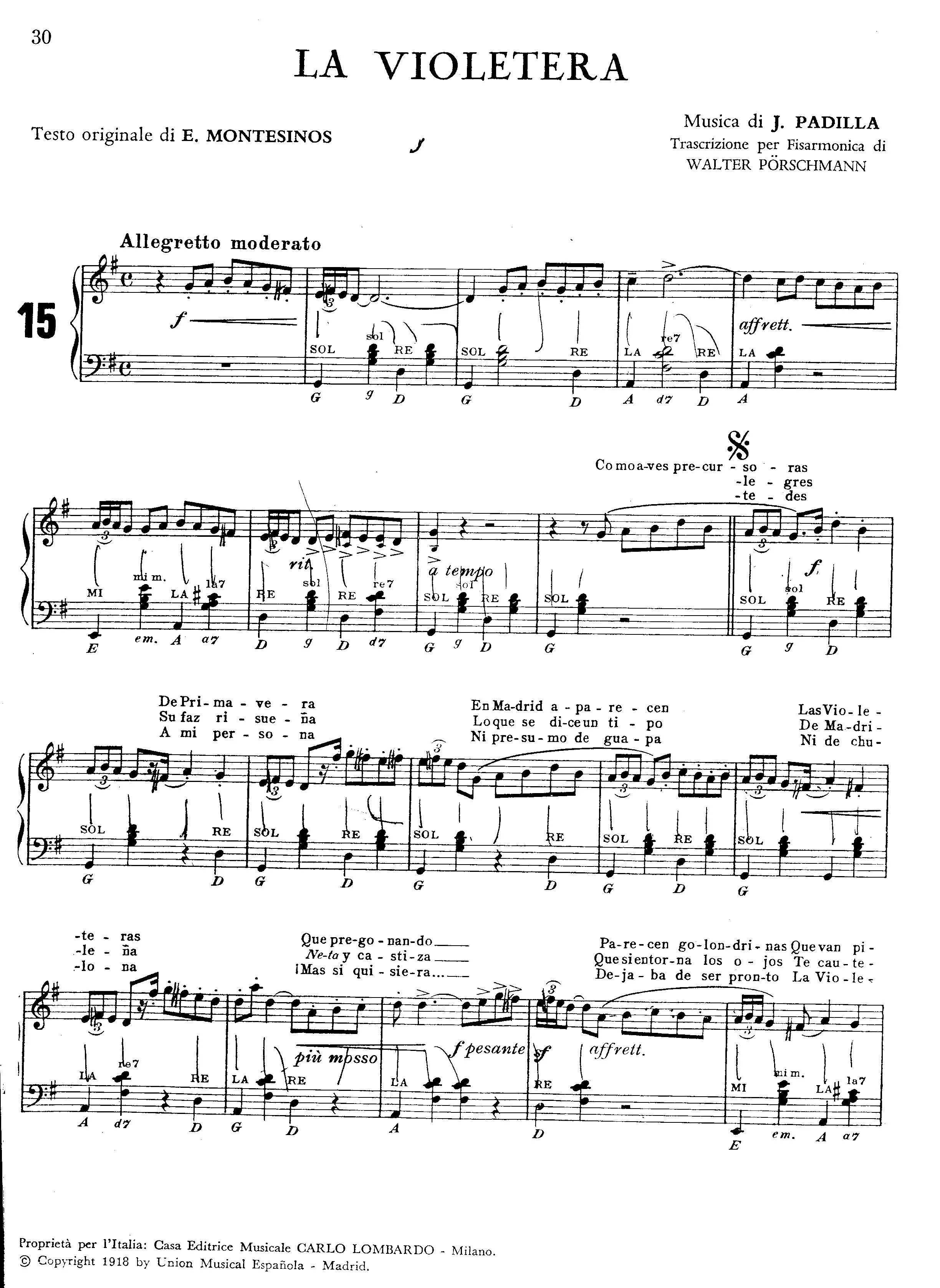télécharger la partition d'accordéon La Violetera (Arrangement : Walter Pörschmann) au format PDF