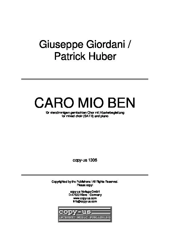 télécharger la partition d'accordéon Caro mio ben (Arrangement : pour choeur de : Patrick Huber) (SATB + Piano) au format PDF