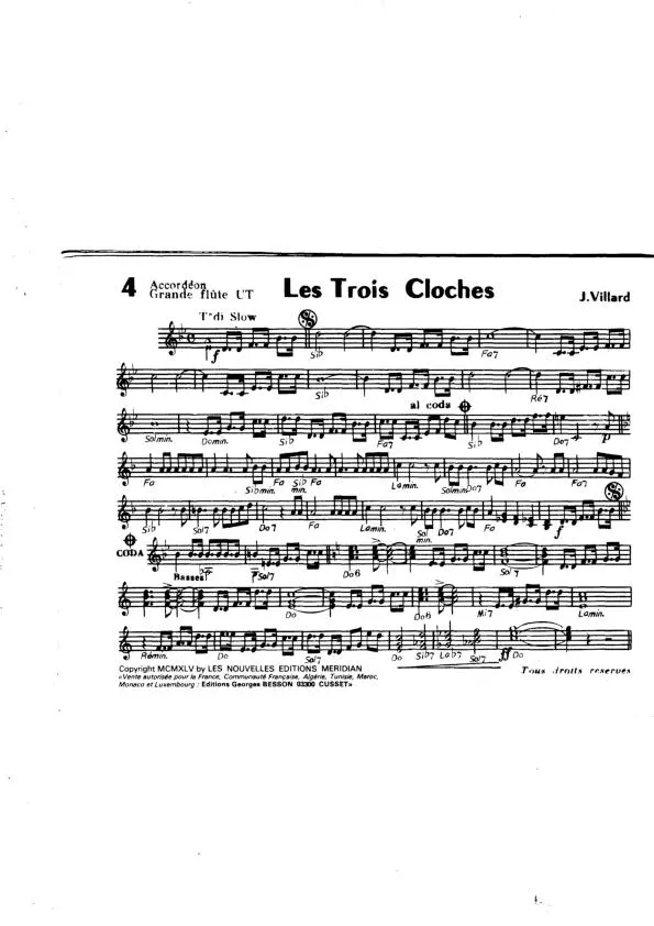 télécharger la partition d'accordéon Les trois cloches (Chant : Edith Piaf / Les Compagnons de la Chanson) (Slow) (Arrangement pour accordéon) au format PDF