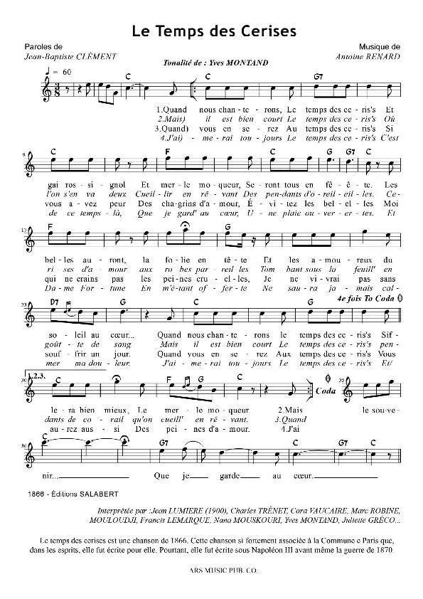 télécharger la partition d'accordéon Le temps des cerises (Chant : Charles Trenet / Juliette Gréco / Yves Montand) au format PDF