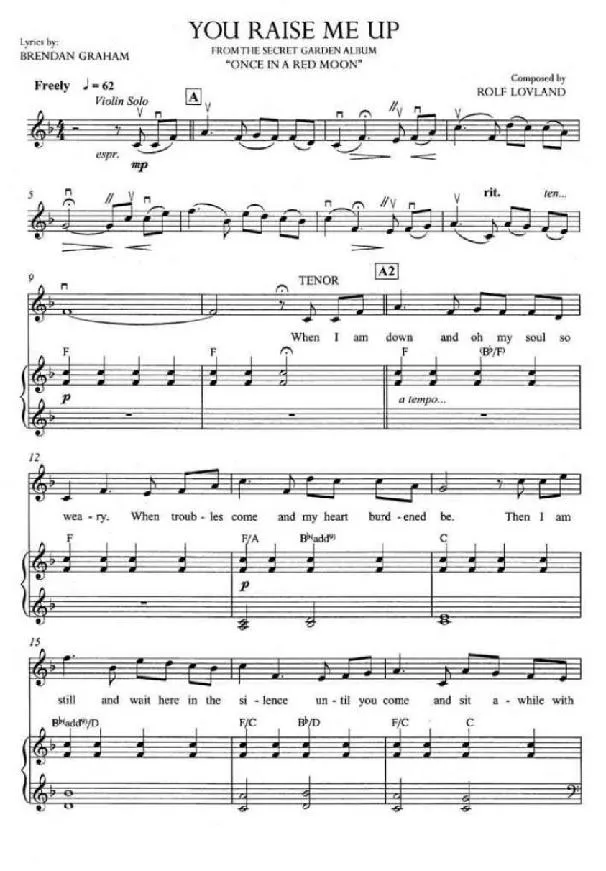 télécharger la partition d'accordéon You raise me up (Once in a Red Moon) (Piano-Violon) au format PDF