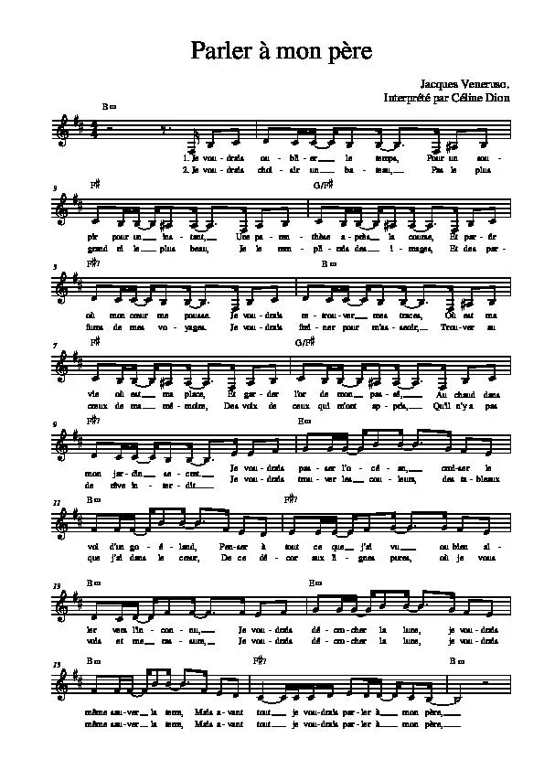 télécharger la partition d'accordéon Parler à mon père (Chant : Céline Dion) (Pop) au format PDF