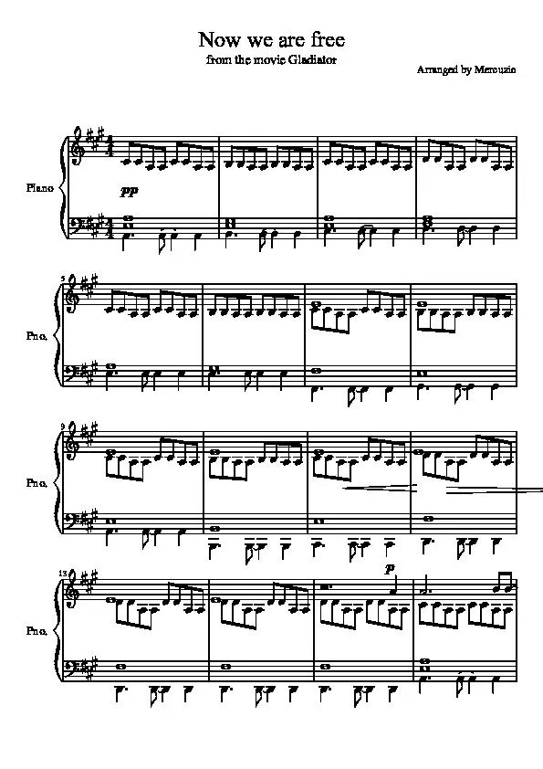 télécharger la partition d'accordéon Now we are free (From the movie : Gladiator) (Arrangement : Mercuzio) (Piano) au format PDF