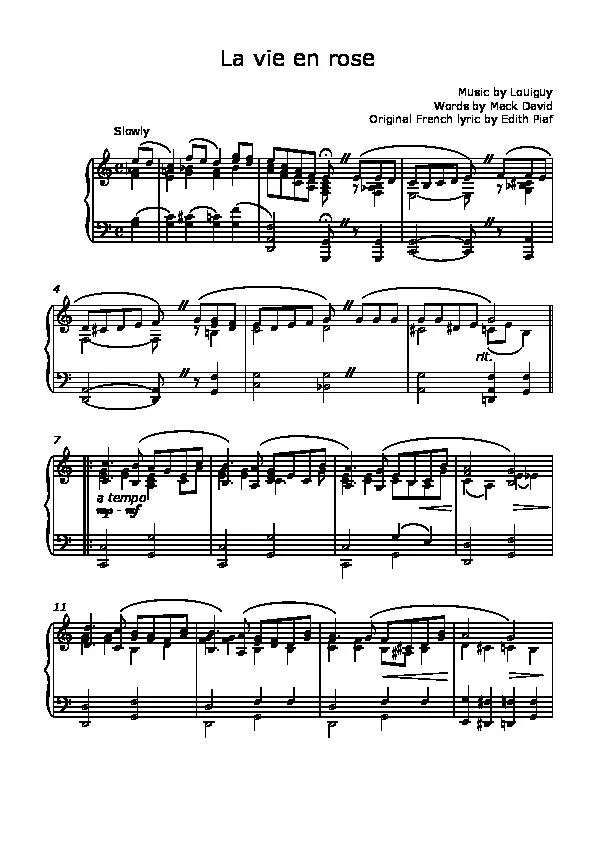 télécharger la partition d'accordéon La vie en rose (Chant : Edith Piaf) (Piano) au format PDF