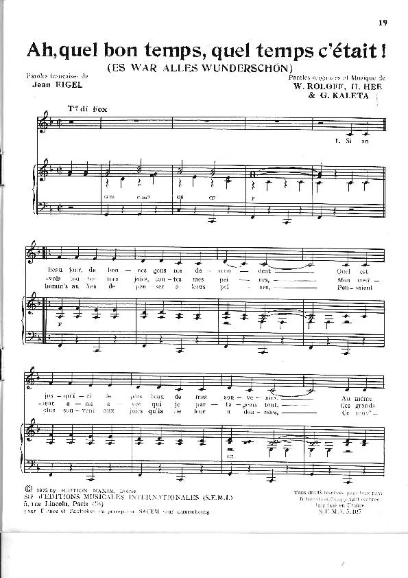 télécharger la partition d'accordéon Ah quel bon temps quel temps c'était (Es war alles wunderschön) (Chant : Heintje Simons) au format PDF