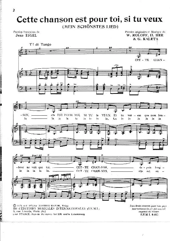 télécharger la partition d'accordéon Cette chanson est pour toi Si tu veux (Mein schönstes Lied) (Chant : Heintje Simons) (Tango) au format PDF