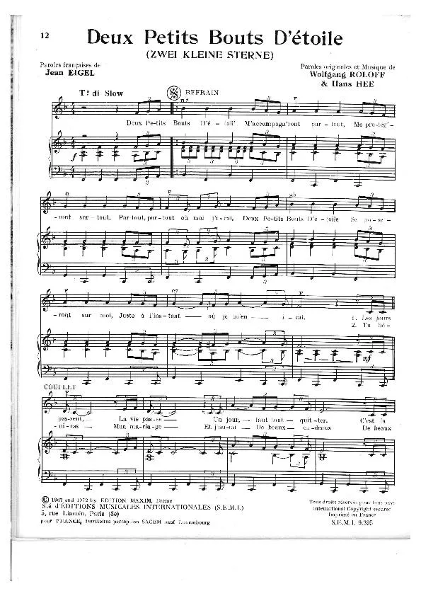 télécharger la partition d'accordéon Deux petit bout d'étoiles (Zwei kleinen Sterne) (Chant : Heintje Simons) (Slow) au format PDF