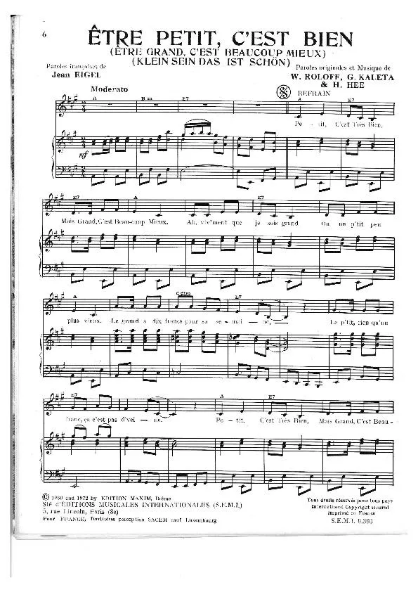 télécharger la partition d'accordéon Etre petit c'est bien (Etre grand c'est beaucoup mieux) (Klein sein das ist schön) (Chant : Heintje Simons) au format PDF
