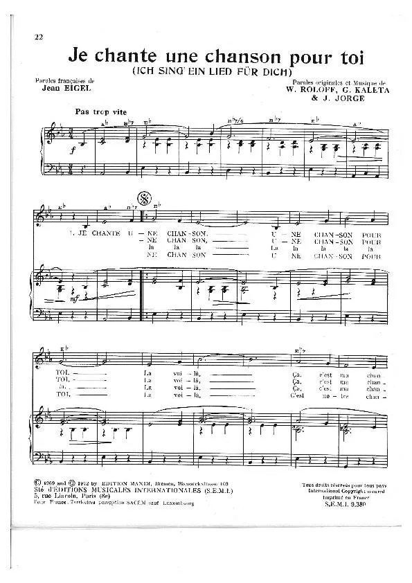 télécharger la partition d'accordéon Je chante une chanson pour toi (Ich sing ein Lieb für dich) (Chant : Heintje Simons) au format PDF