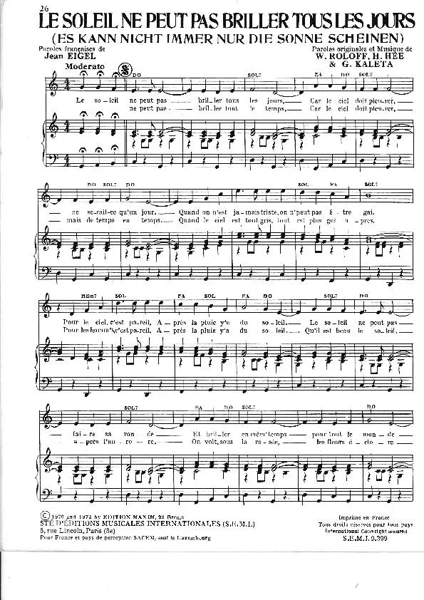 télécharger la partition d'accordéon Le soleil ne peut pas briller tous les jours (Es kann nicht immer nur die Sonne scheinen) (Chant : Heintje Simons) au format PDF