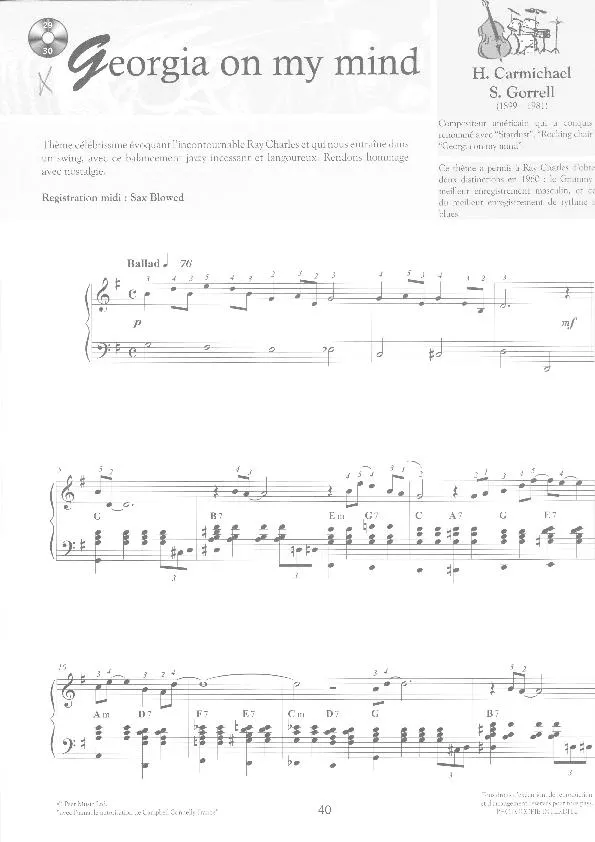 télécharger la partition d'accordéon Georgia on my mind (Chant : Ray Charles) (Slow Blues) au format PDF