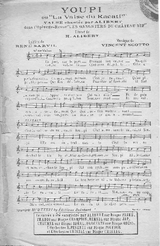télécharger la partition d'accordéon Youpi ou La valse du Racati (De l'Opérette-Revue : Les Gangsters du château d'If) (Chant : Henri Alibert) (Valse) au format PDF